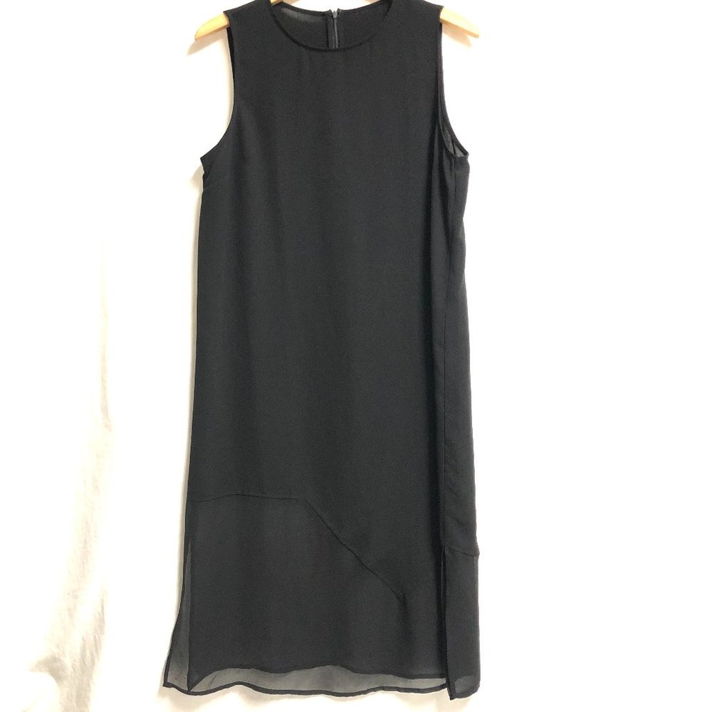 Black sleeveless dress, with sheer bottom asymmetrical panels, size Medium